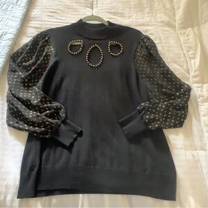 Belldini Black Sweater with Sheer Sleeves and Gold Accents